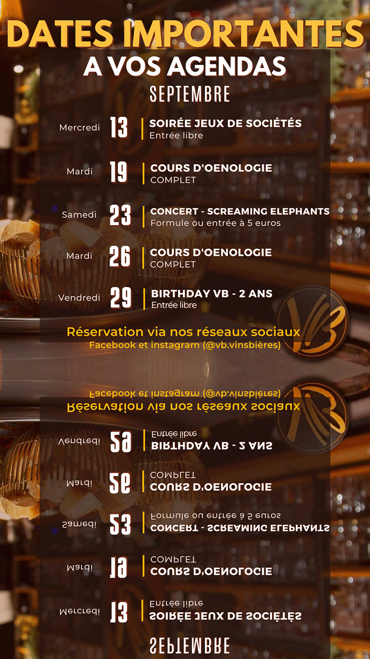 A vos agendas ! 
Le mois de septembre est chargé : jeux de société, cours d'œnologie, concert et... notre anniversaire !
Pour votre plaisir !!!!