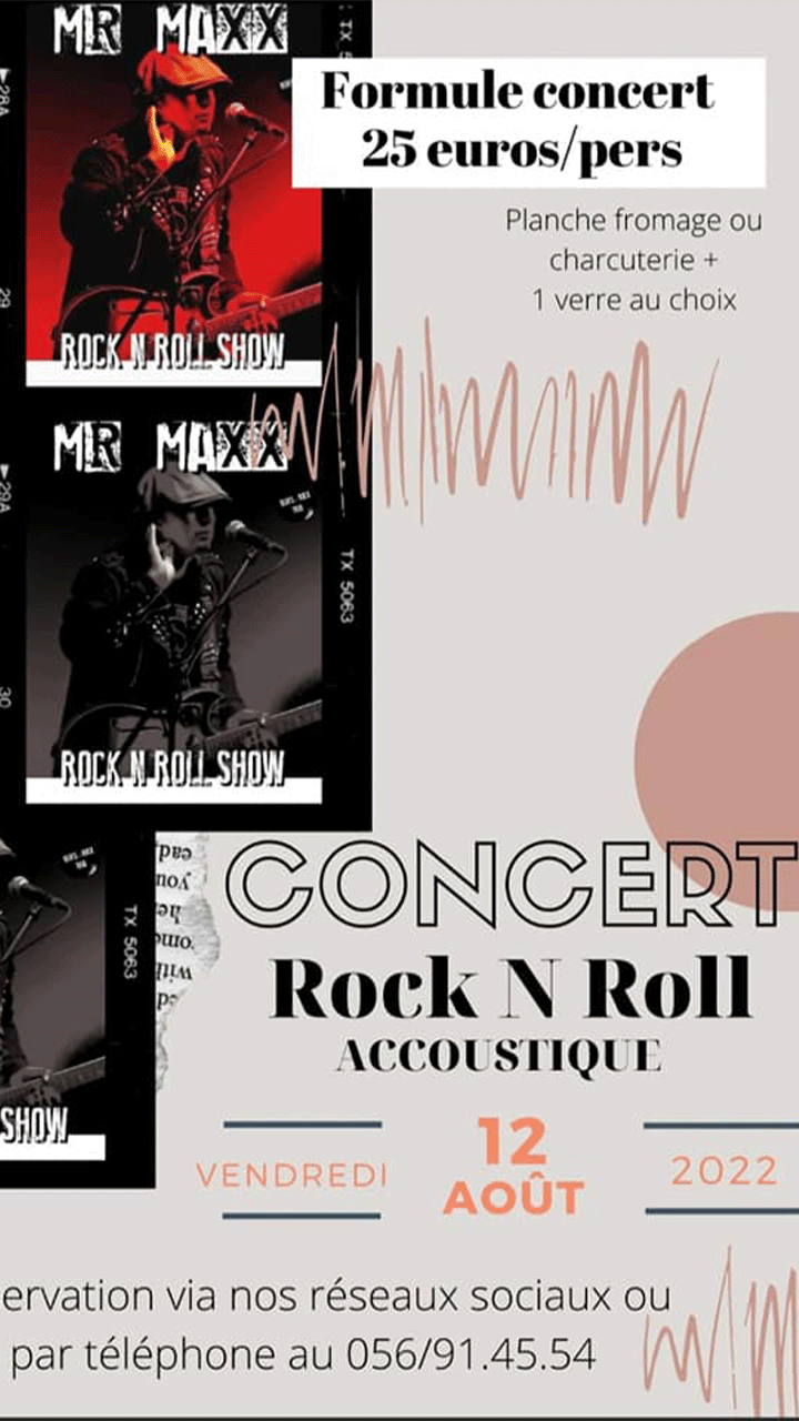 Mr Maxx en concert Rock'n'Roll accoustique au VB le 12 août 2022. 
Comme d'habitude, notre formule concert + planche fromage ou charcuterie + 1 verre au choix pour 25 euros.
Ne manquez pas cette soirée sous le signe du rock. Inscrivez-vous !!!