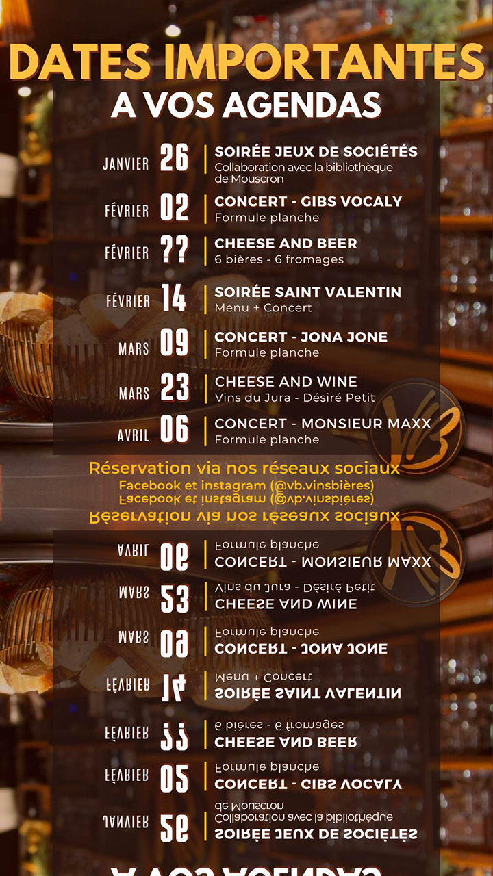 Le VB, votre bar à vins et bières spéciales préféré vous a concocté un programme démentiel pour ce début d'année : soirée jeux, concerts, dégustations de vins et de bières... Surtout, n'oubliez pas de réserver. les places sont limitées et partent vite.