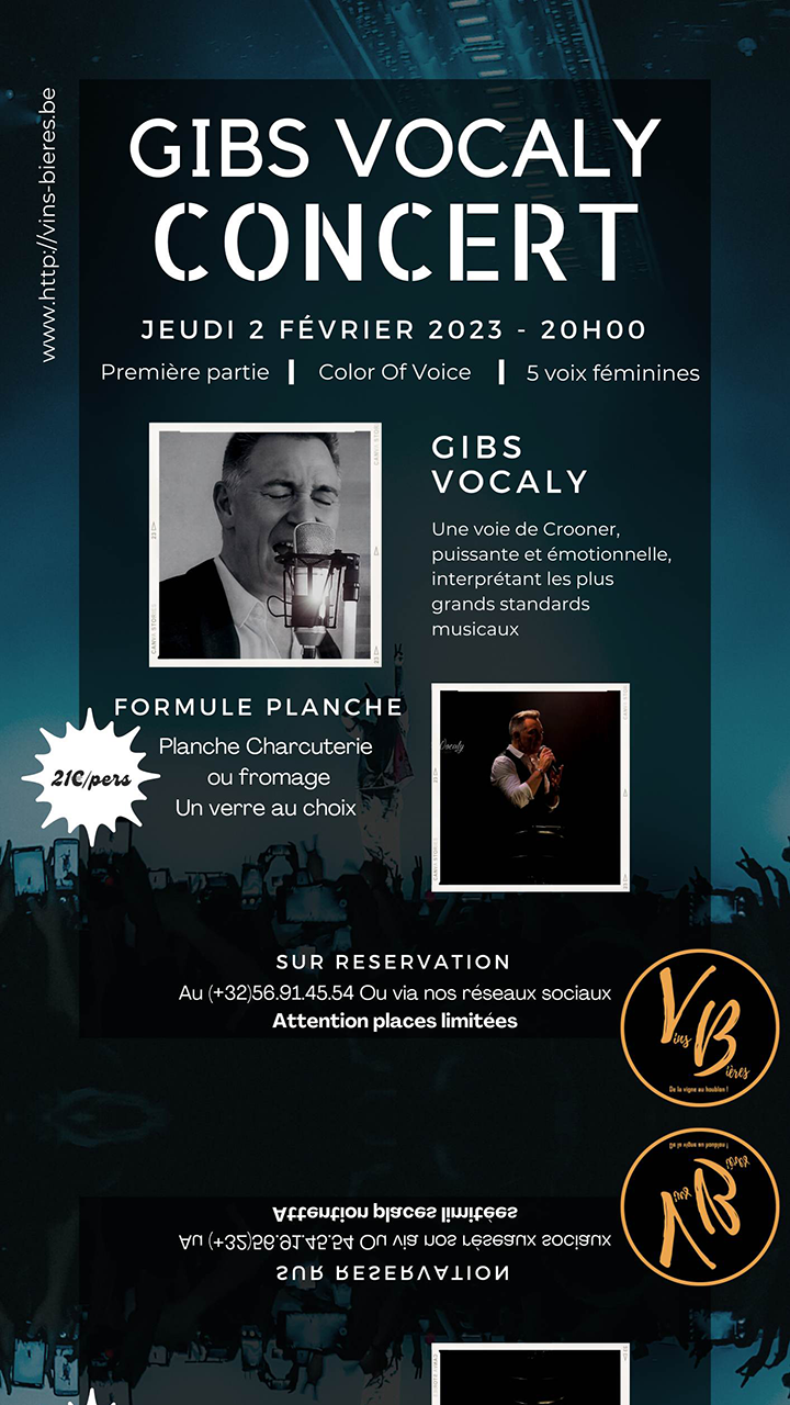 Une soirée exceptionnelle ce jeudi 2 février 2023 au VB. Gibs Vocaly en concert. Une voix de Crooner, puissante et remplie d'émotion. Interprétation des plus grands standards de la musique. 
21€ par personne (concert, une planche charcuterie ou fromage, une boisson).
Réservez vite.