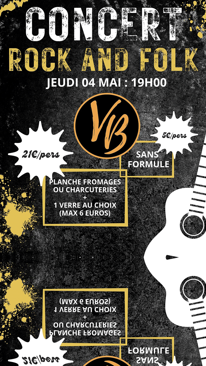 Le VB, va de nouveau vibrer au son des guitares le jeudi 4 mai, c'est Rock and Folk. 
Deux formules :  entrée 5€/p ou une planche fromages ou charcuteries et un verre au choix pour 21€/p.
Uniquement sur réservation au 056 91 45 54 ou via Messenger, Instagram ou via le formulaire du site http://www.vins-bieres.be/contact.php
