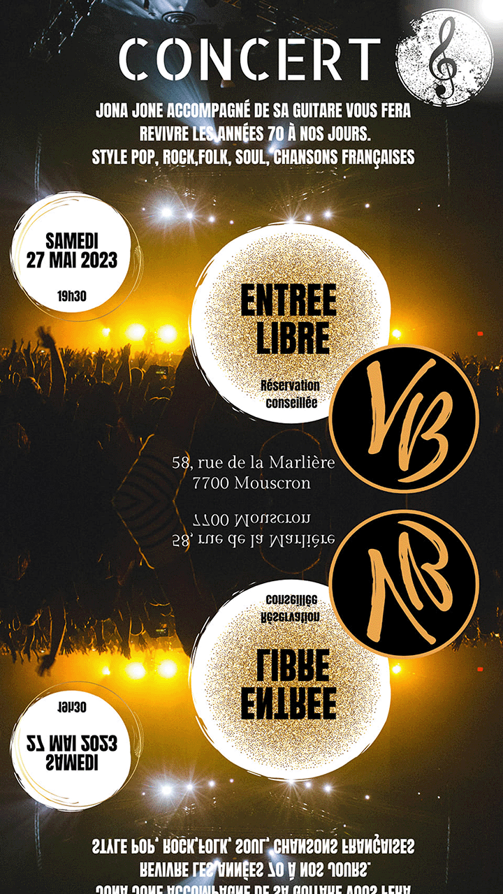 Jona Jone accompagné de sa guitare vous fera revivre les années 70 à nos jours. Son style ? Rock, Pop, Soul et variétés françaises. 
Parce que mai est le moi de mon anniversaire, l'entrée vous est offerte par le VB, votre bar préféré.
La formule planche et boisson est à 20 euros.
Sur réservation via nos réseaux sociaux, via le formulaire de contact ou au 056 91 45 54