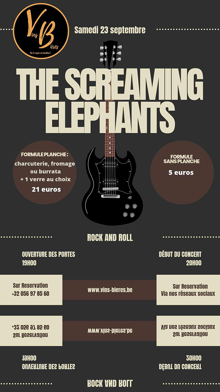 The Screaming Elephants sera sur la scène du VB le samedi 23 septembre pour une soirée qui va décoiffer.
Du Rock and roll à gogo avec un groupe d'enfer. La soirée promet d'être follement bonne.
Formule avec planche à 21 euros qui comprend l'entrée au concert, une planche charcuterie, fromage ou burrata et un verre au choix.
Formule sans planche et verre : 5 euros.
Intéressé(e) ? Envoie-nous vite un message via nos réseaux sociaux pour réserver ta place. Choisis ta formule,rejoins-nous le 23 septembre et surtout, éclate-toi autour d'un bon verre et d'une bonne planche spéciale VB.