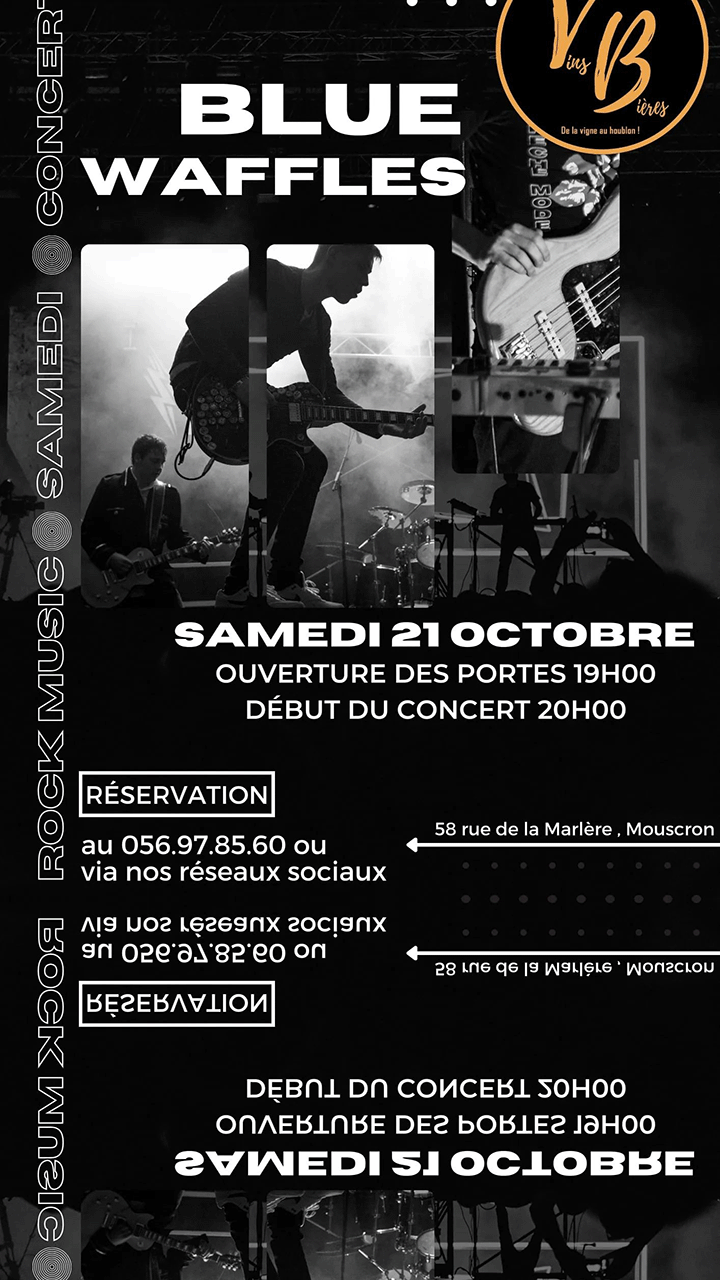 Feel the beat, live the moment : BLUE WAFFLES EN LIVE
Rendez-vous le samedi 21 octobre pour une soirée de folie !!!
Préparez-vous parce que les murs de votre bar à vins et bières préférés vont vibrer toute la soirée.
FORMULE CONCERT : 21 euros - planche charcuteries ou fromages + 1 boisson au choix + 1 place de concert
SANS FORMULE : 5 euros
