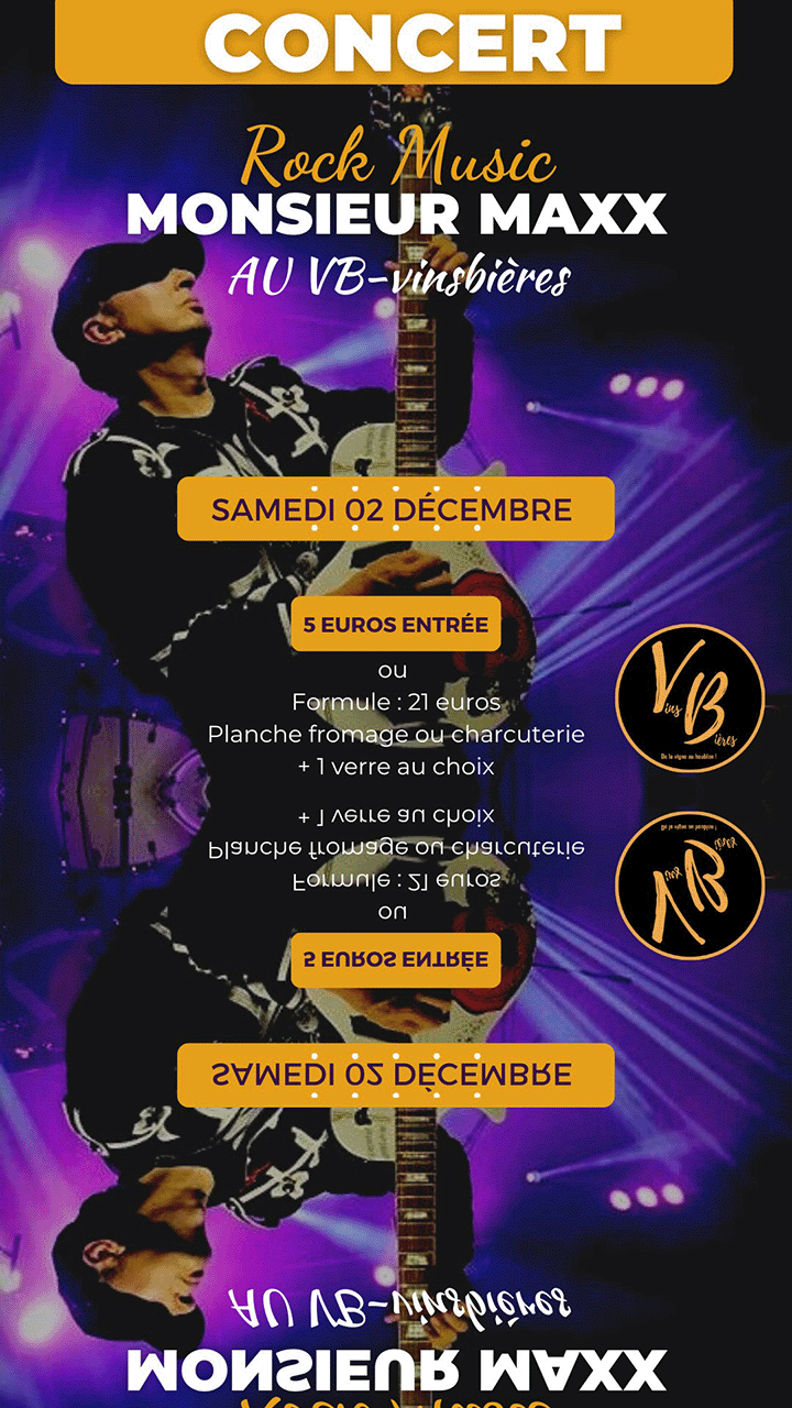 Concert exceptionnel !
Mr Maxx sera au VB le samedi 2 décembre.
En guest star : Adam Bomb, ex-guitariste de Steeler, AC/DC, Billie Idol, Aerosmith, Chuck Berry... Excusez du peu !!!

Réservation au 056 97 85 60 ou via nos réseaux.