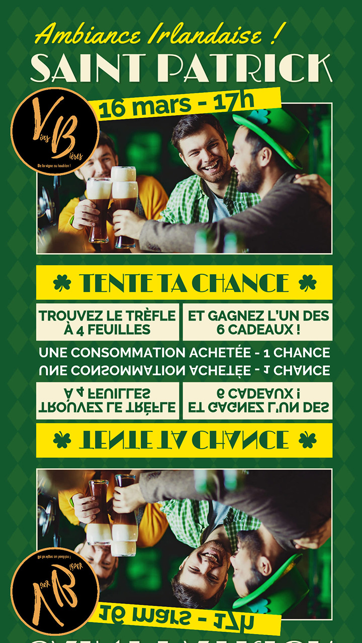 Rejoignez-nous ce samedi 16 mars à partir de 17h00 pour célébrer la Saint Patrick comme il se doit ! Au menu : de la Guinness fraîche, une atmosphère irlandaise envoûtante et 6 cadeaux à remporter ! Ne manquez pas cette soirée festive !